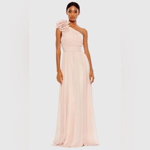 Mac Duggal Pink Chiffon with Gold Dots One Shoulder Evening Gown size 16